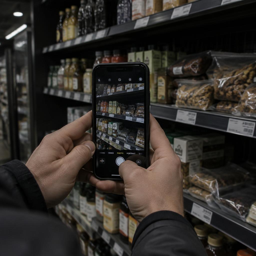 A worker photographing a store shelf with a phone to check stock and price labels