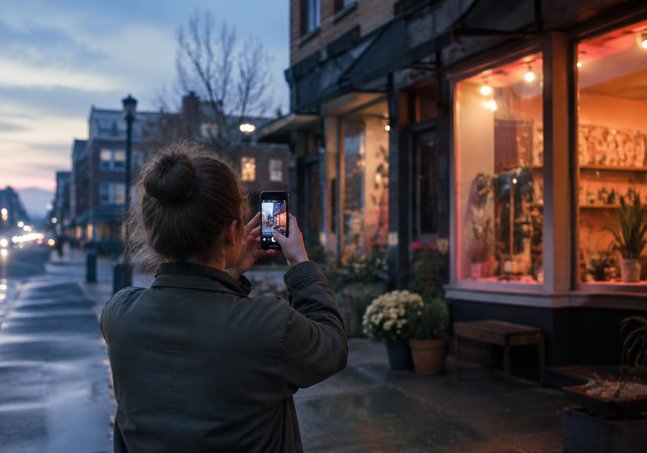 A field worker photographing a storefront with a smartphone at dusk